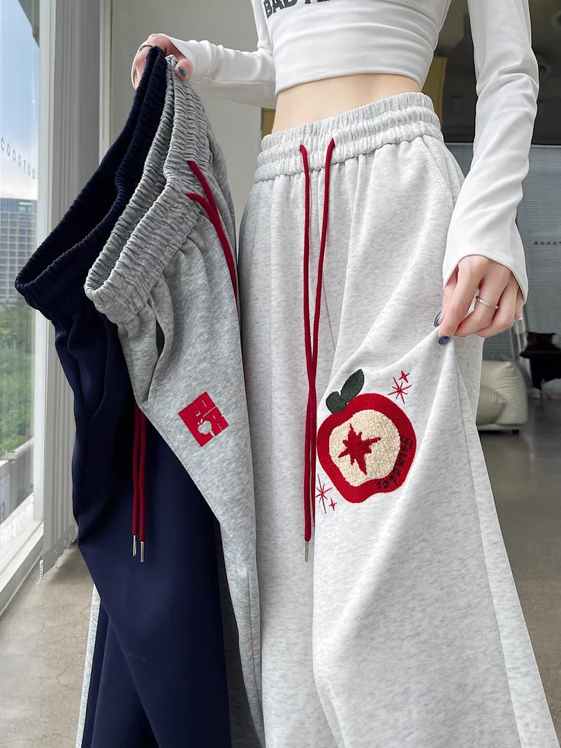 垂感直筒灰色梧桐卫裤女春秋2025新款美式复古刺绣宽松阔腿运动裤