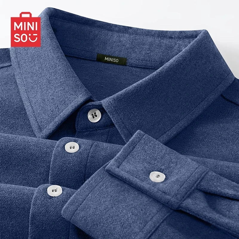 名创优品法兰绒长袖衬衫男秋季蓝色少年感防静电古巴领通勤外套