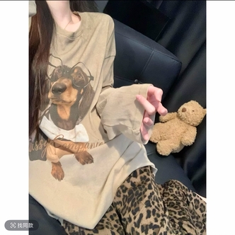 春秋季慵懒风韩版复古豹纹小狗圆领睡衣女长袖长裤家居服套装30