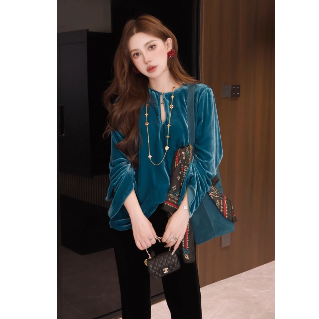 G. yantong/郭彦彤定制早秋款真丝丝绒长袖上衣新中式轻奢DD1207