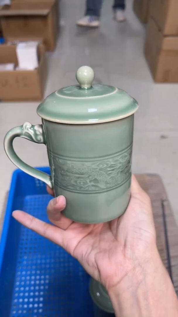 陶瓷青瓷双龙办公杯 全品 单只