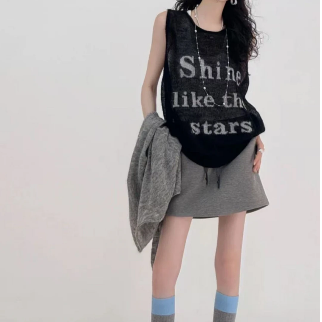 宽松型休闲风韩系慵懒风背心吊带显瘦灰色慵懒时尚圆领百搭11438