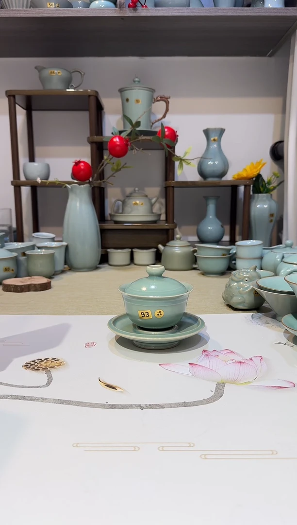 盖碗93三才玄纹元宝盖碗 仿古釉一级精品 泡茶*