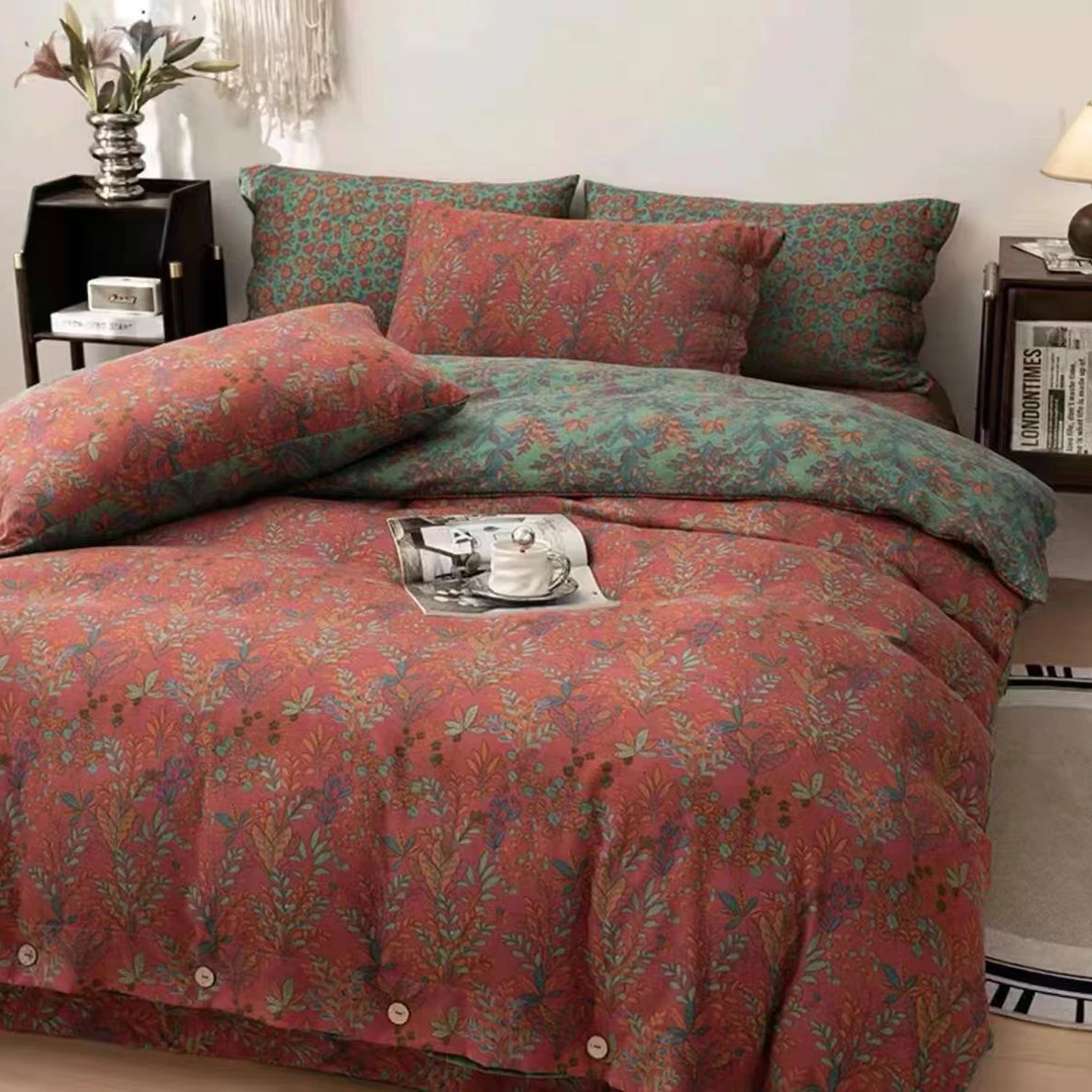 2024新款轻奢加厚印花民族风复古双层纱四件套--花花世界【加大】