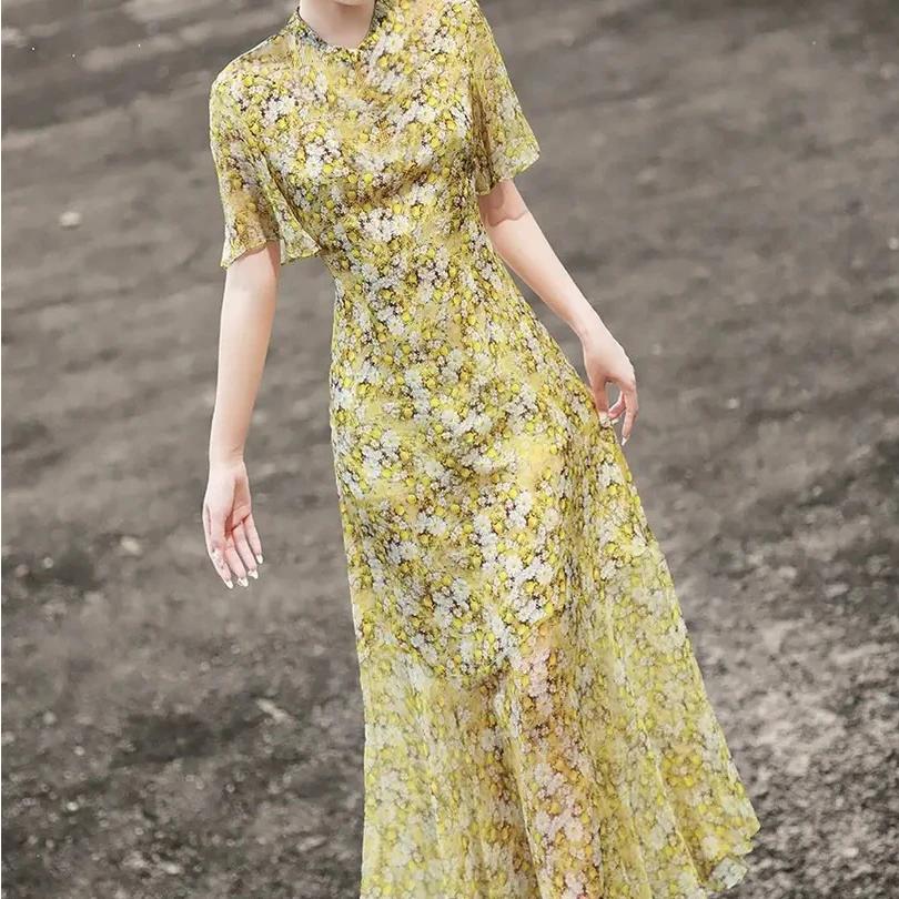 2025春新气质法式茶歇钉珠裙子仿真丝碎花荷叶边连衣裙D0834