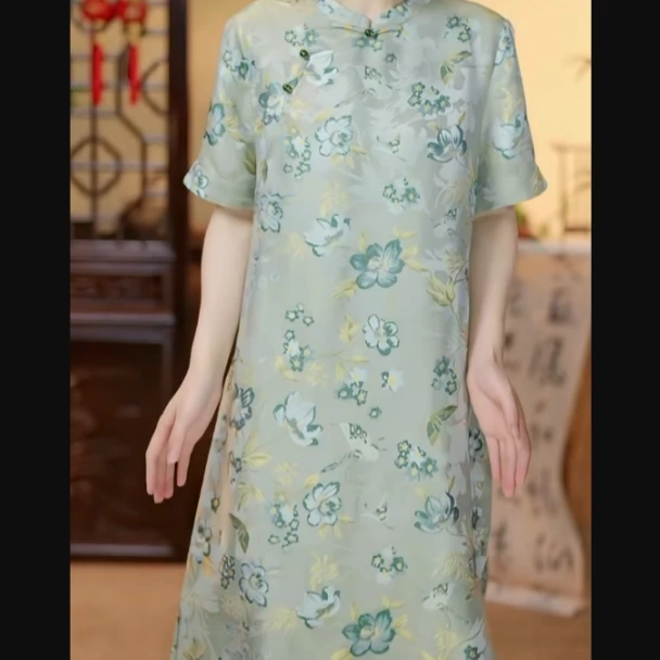 芹 新中式风 桑蚕丝 绿色连衣裙 24010-1