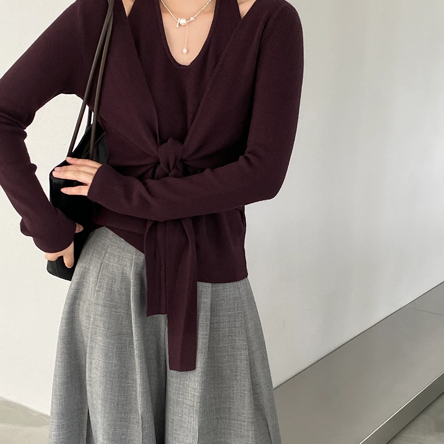 2025法式挂脖显白针织衫女秋绑带长袖内搭显瘦上衣