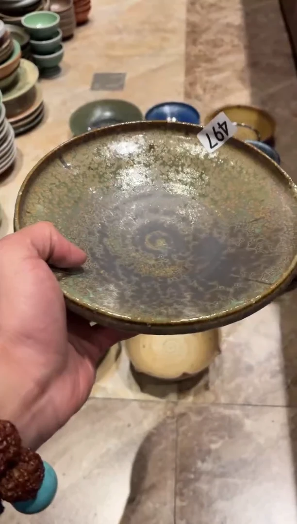 瓷片1*6497粗陶手工绿色单口盘1个