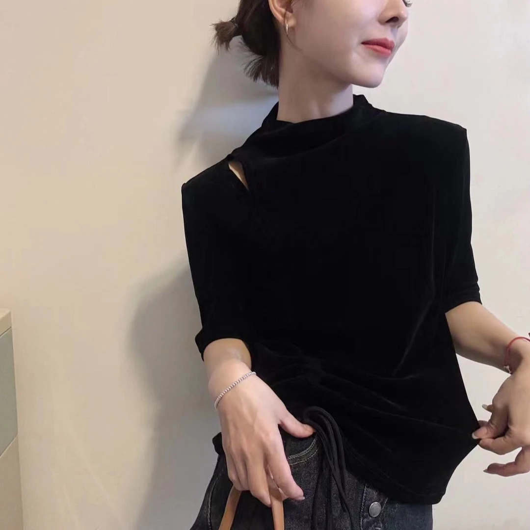 HMY 30837 欧货小心机露肩中袖丝绒T恤女侧边抽绳修身半高领上衣