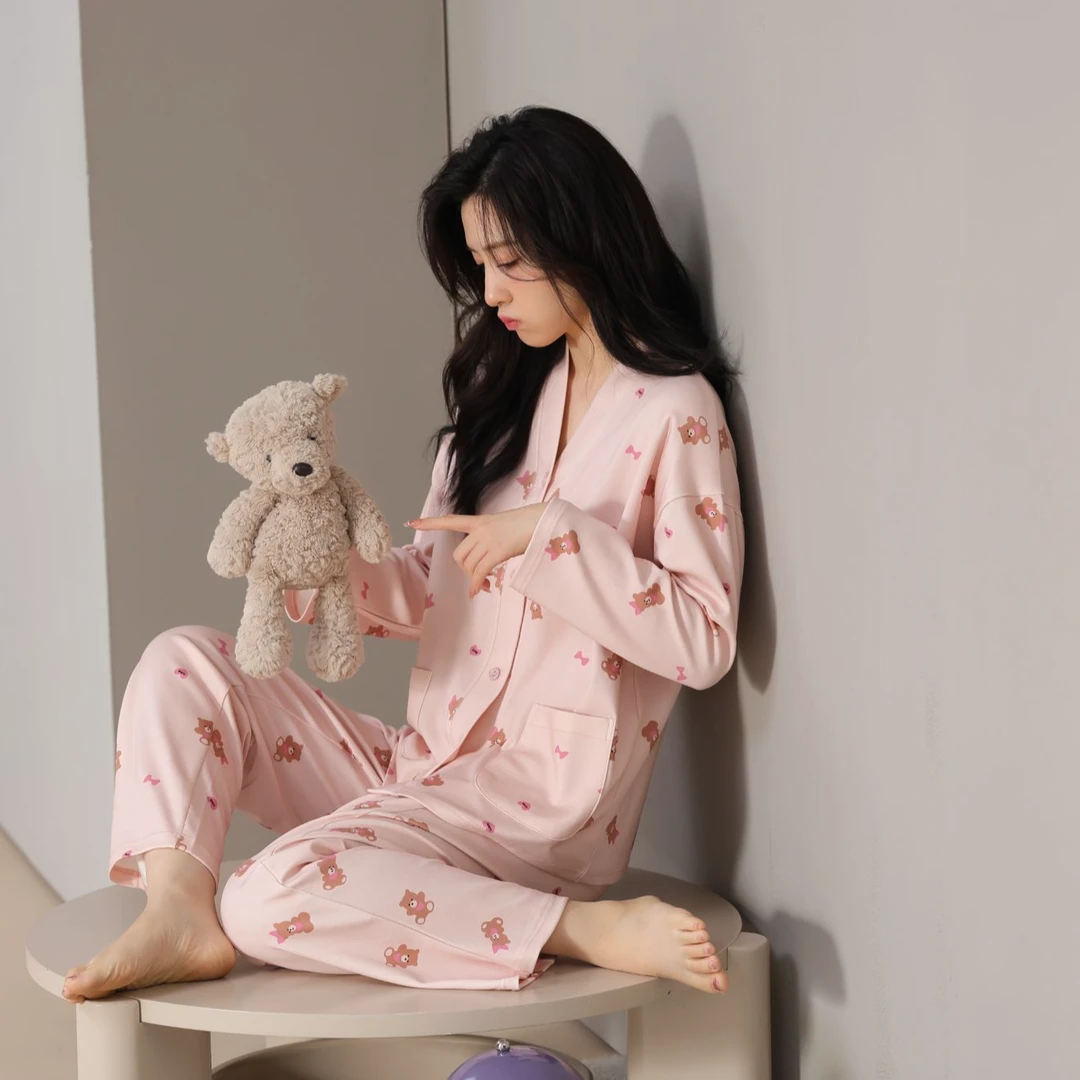 A新款带胸垫睡衣女套装春秋季新款大码长袖长裤甜美家居服