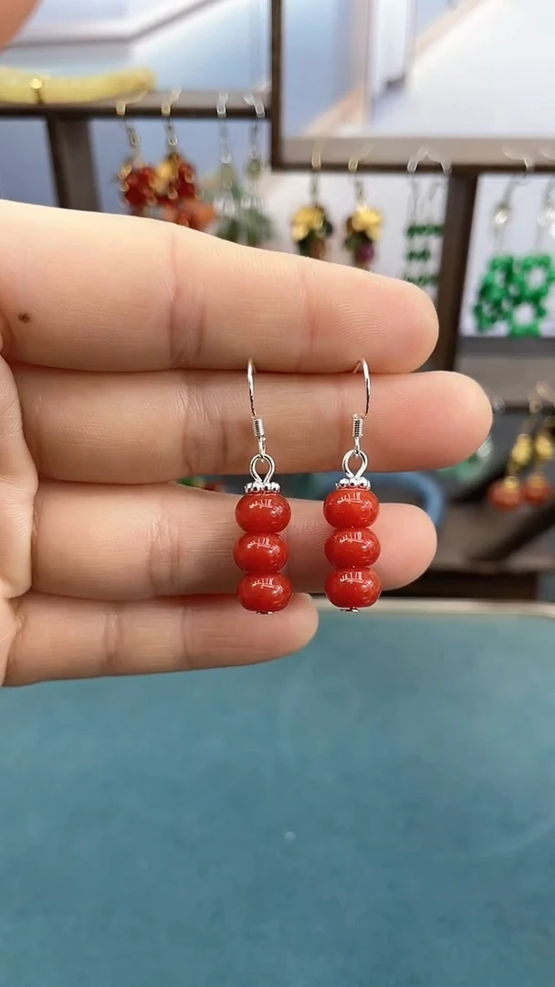 银S925镶嵌南红玛瑙耳饰8mm红竹节