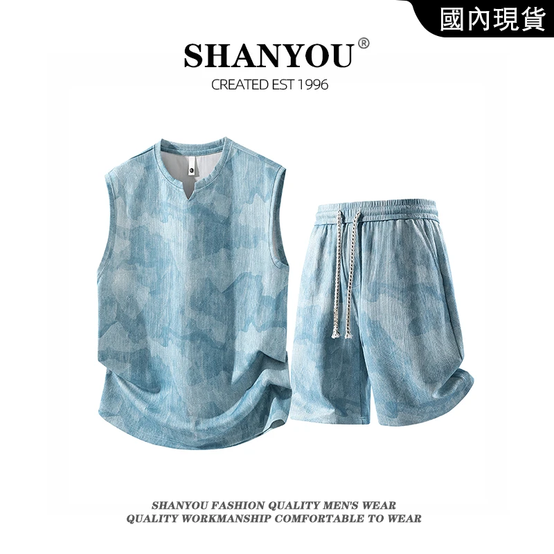 男夏季薄款冰感运动套装无袖背心配短裤宽松健身训练跑步透气背心