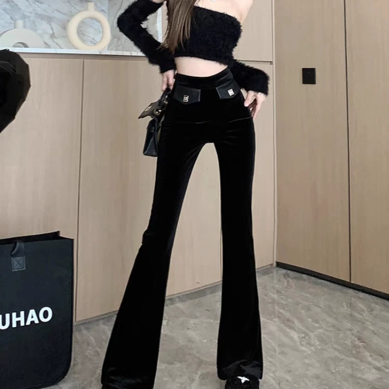 813-A-6-1-1   黑色金丝绒微喇裤修身显瘦时尚气质设计感高腰裤子