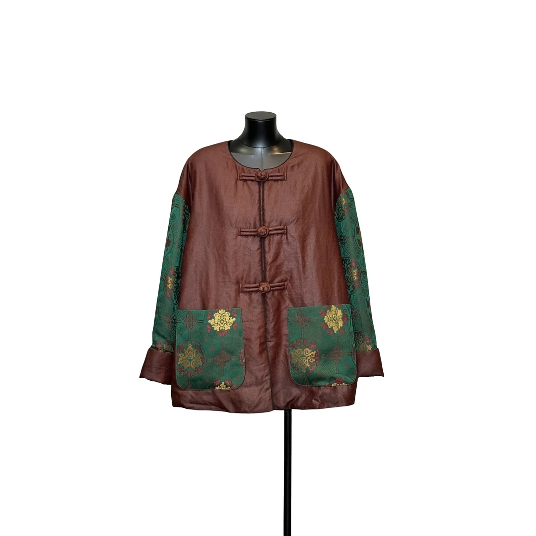 「利琪高订」国风新中式时尚保暖夹棉香云纱拼宋锦大外套A7070