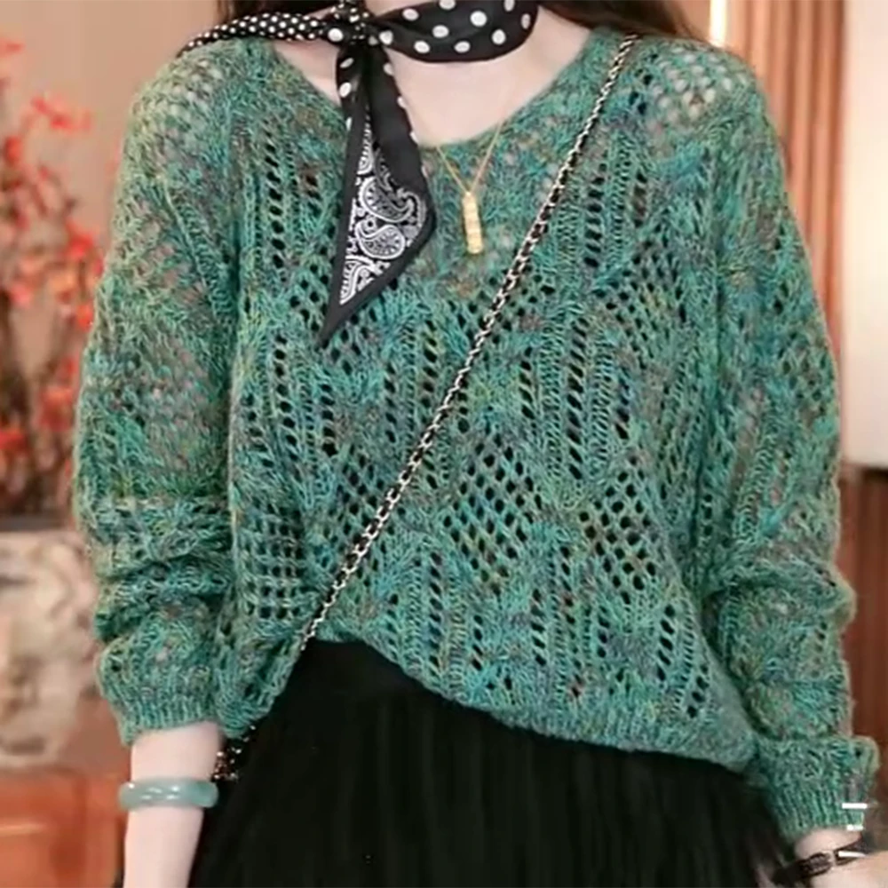 2025春季新款韩系温柔减龄V领镂空时尚百搭显瘦针织上衣洋气长袖