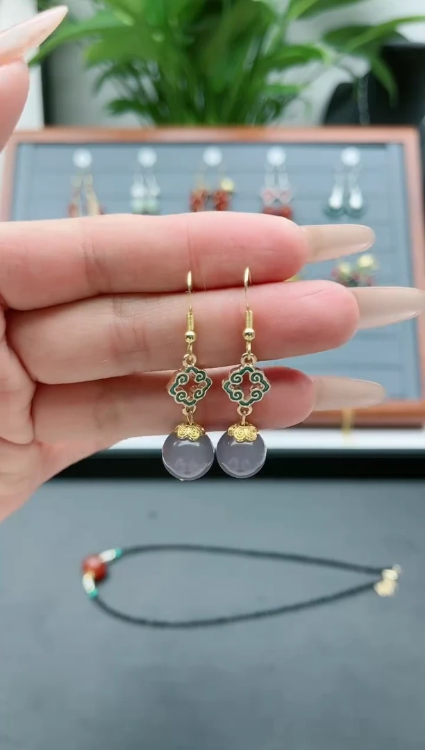 【闪购商品】玛瑙/玉髓耳饰银S925镀金镶嵌8801灰色