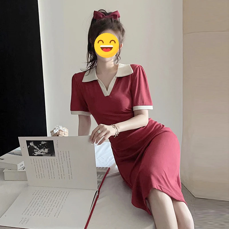 2024长款爆款女装大码撞色polo连衣裙女夏季新款胖MM显瘦开叉长裙