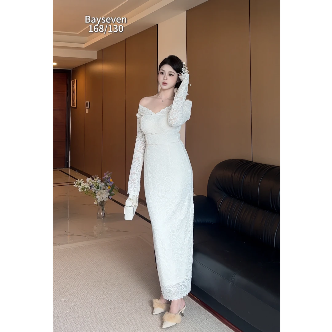 白77-大码女装法式温柔大方得体绝美连衣裙蕾丝v领气质长裙13020