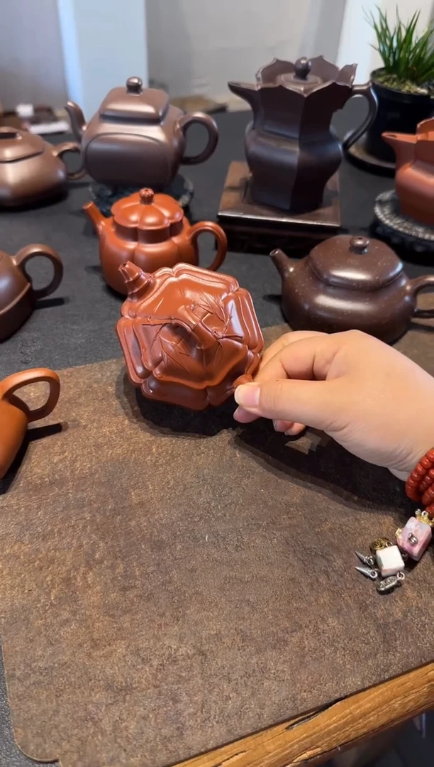 茶壶紫砂六方海棠双线竹鼓