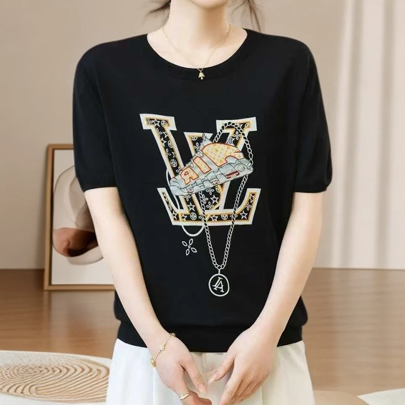 【宠粉专属】莱赛尔休闲短袖针织衫女2025夏上衣百搭气质印花小衫