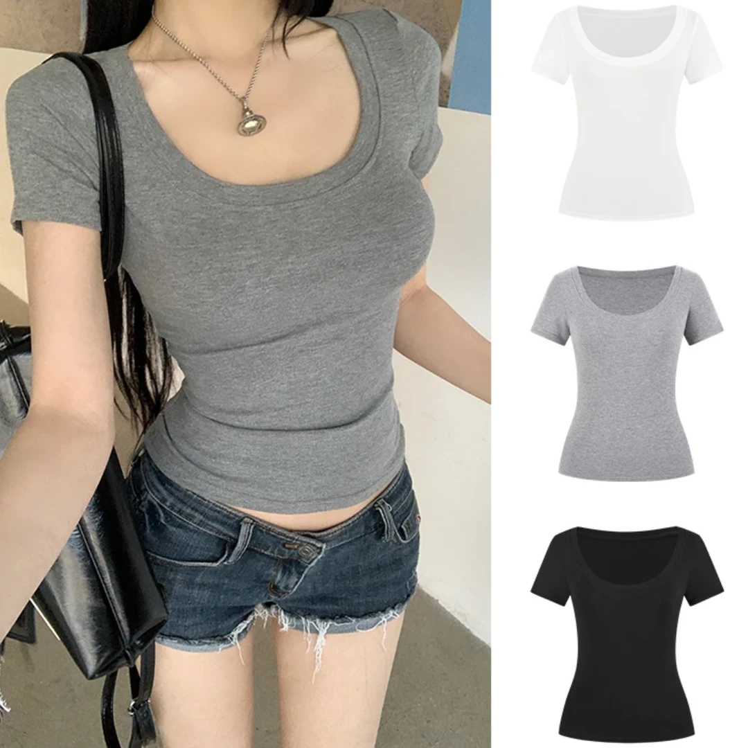 新款2025大U领正肩短袖T恤修身基础款辣妹短款上衣春