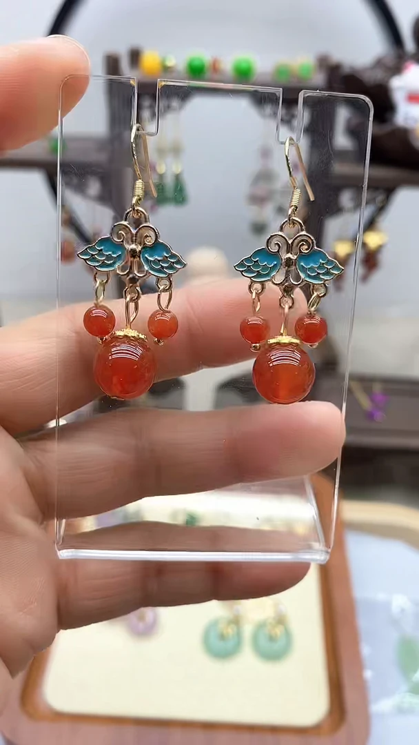 南红玛瑙14K金镶嵌耳饰132