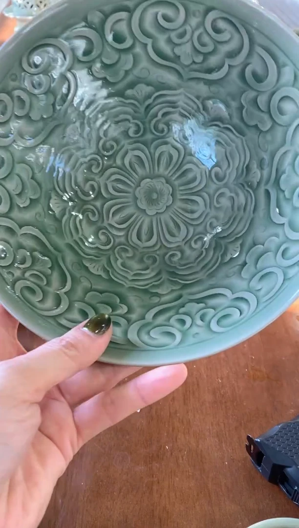 天***白新品 手工刻花斗笠碗【如意云头宝象纹】