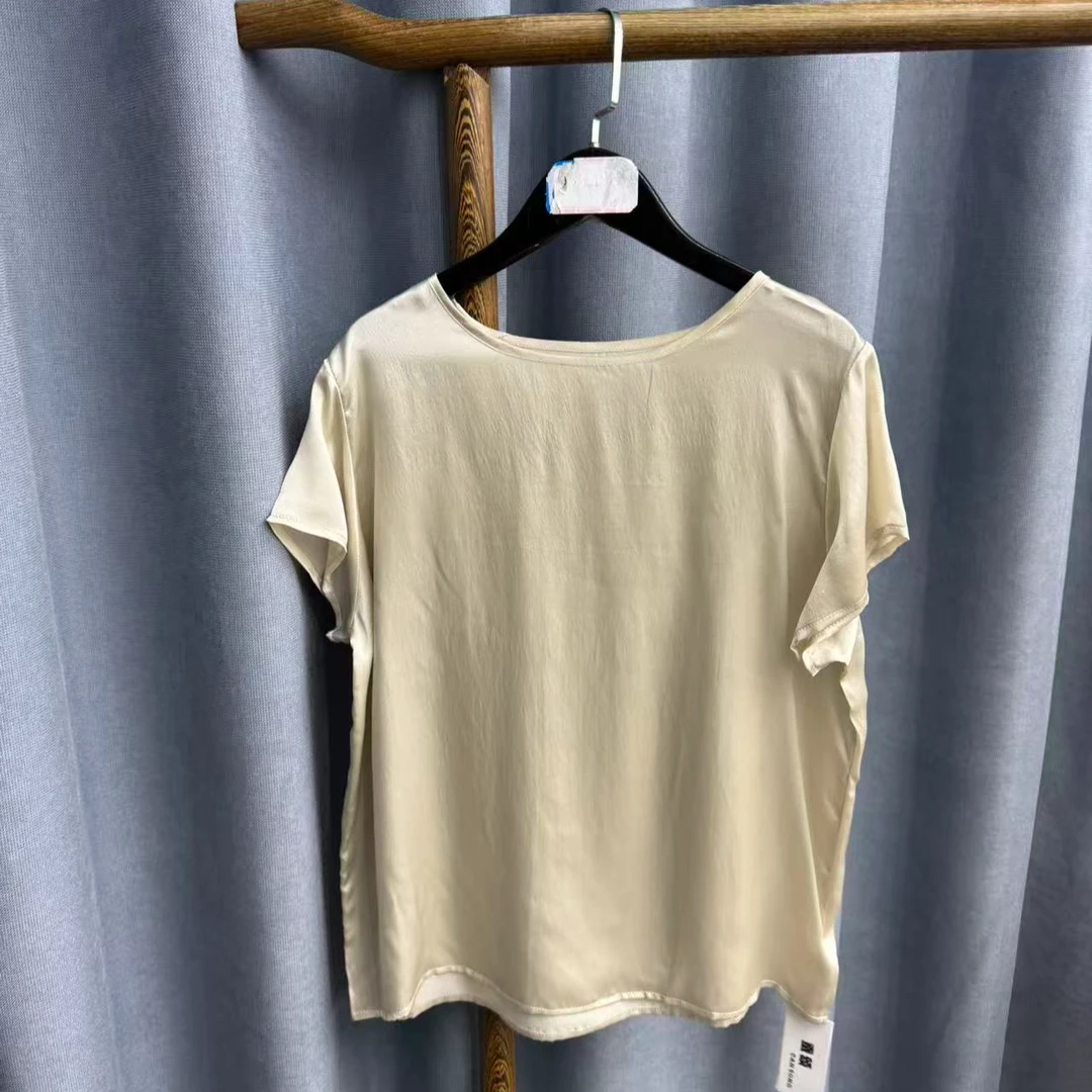 秋季新款休闲时尚圆领桑蚕丝短袖上衣女H620