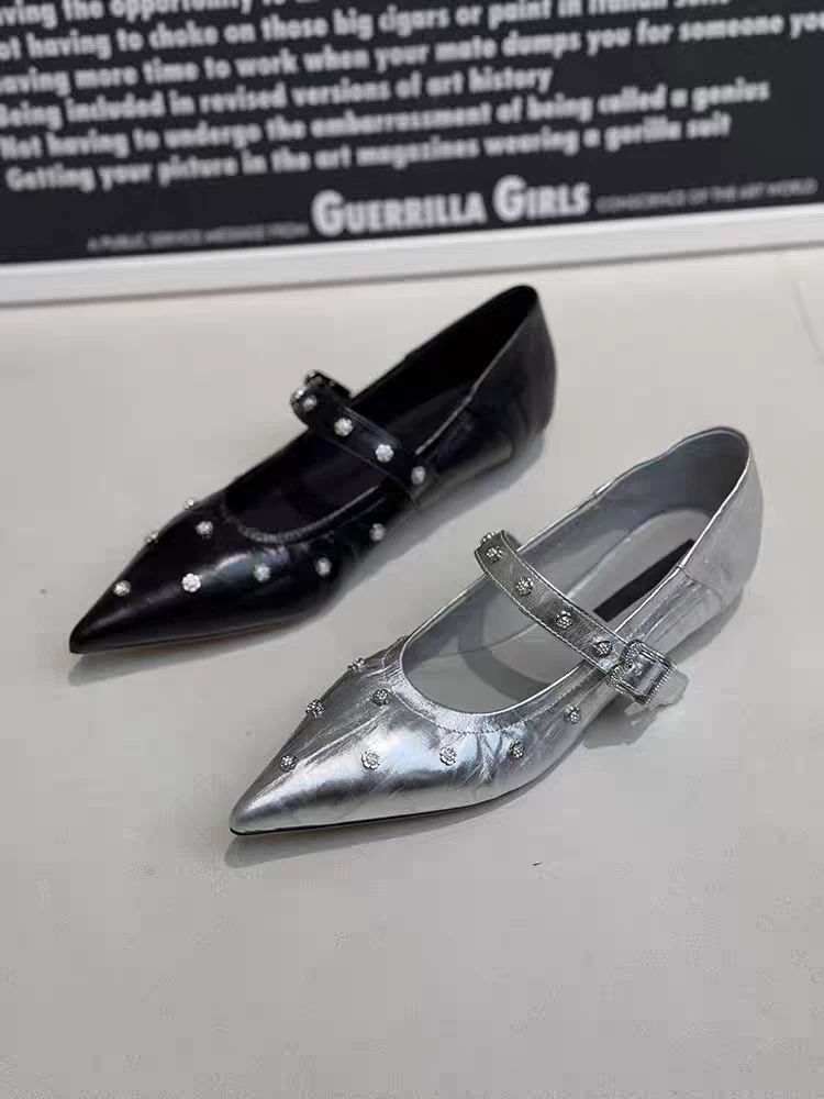 尖头水钻玛丽珍鞋薄款浅口单鞋女鞋粗跟鞋子芭蕾风