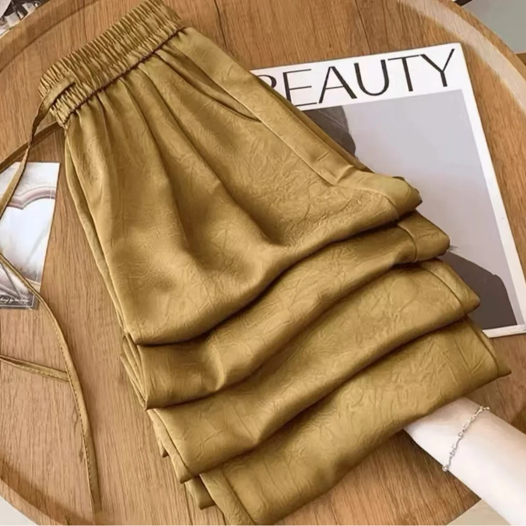 【奢华柜货]醋酸媲美真丝丝滑飘逸垂感高腰简约大码显瘦窄版直筒裤