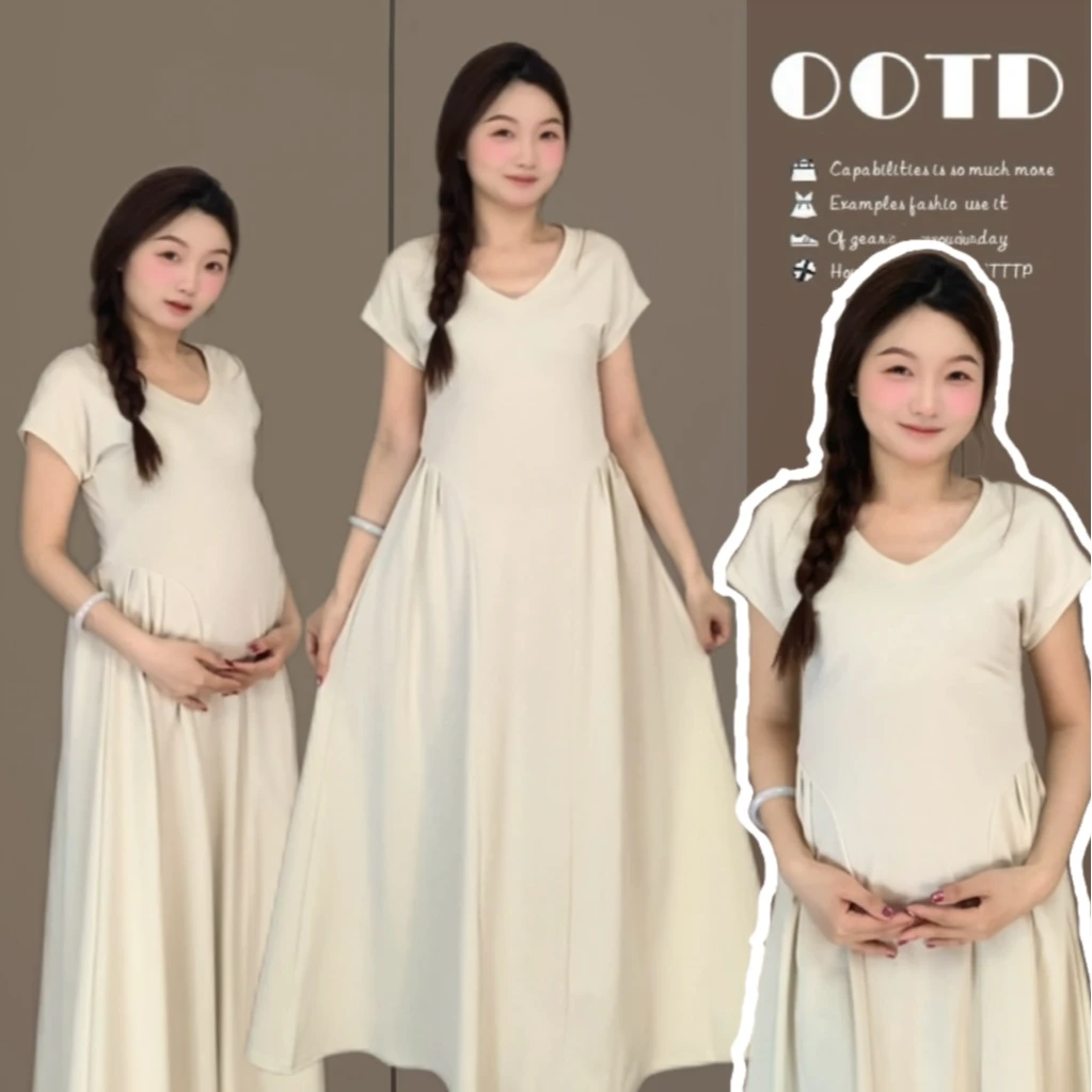 【壹点点甜】连衣裙夏季宽松大码气质修身显瘦V领长款短袖孕妇裙