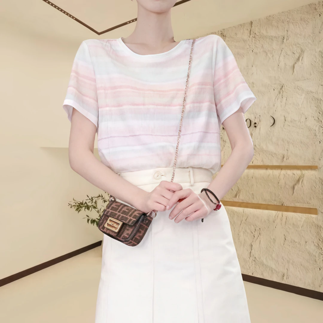 短袖T恤女2025夏季新款拼接彩虹色宽松百搭打底显瘦休闲韩版上衣