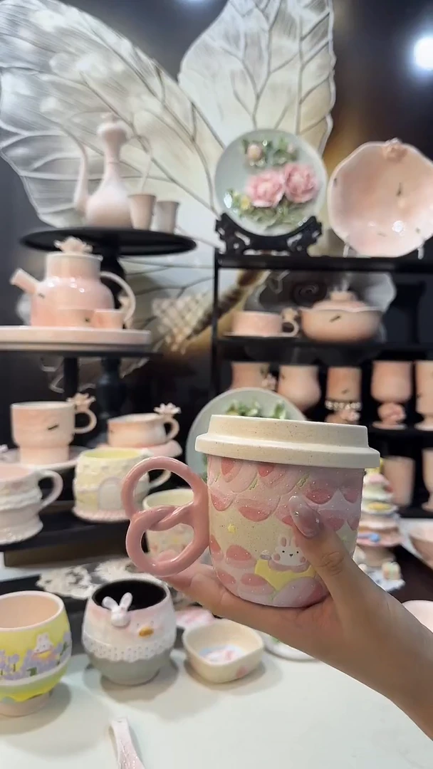 卡***～意陶创意设计款陶瓷cili带盖岩彩马克