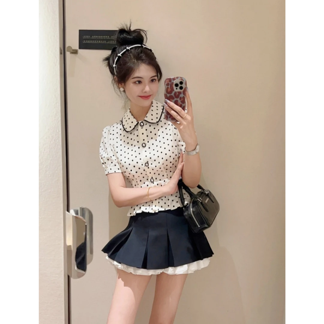 法式小资套装2025早秋新款复古波点宫廷风衬衫上衣百褶裙子两件套