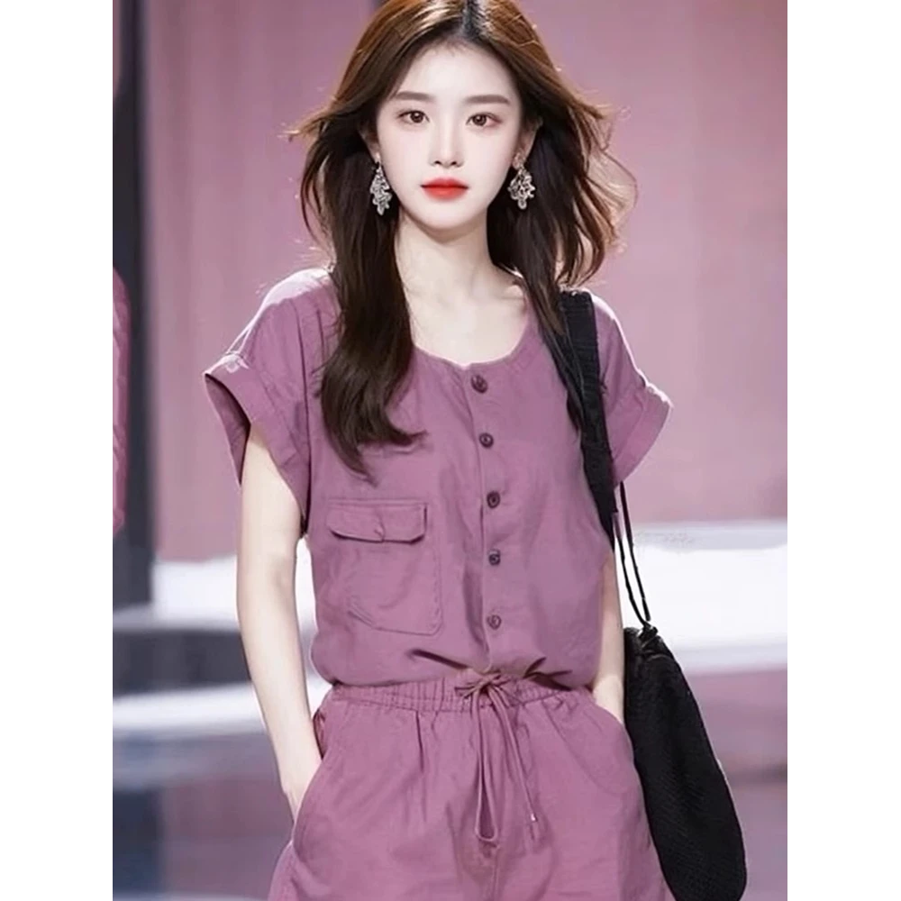 2025夏季纯色气质女装通勤休闲极简纯色显白显瘦紫色衬衫短裤套装