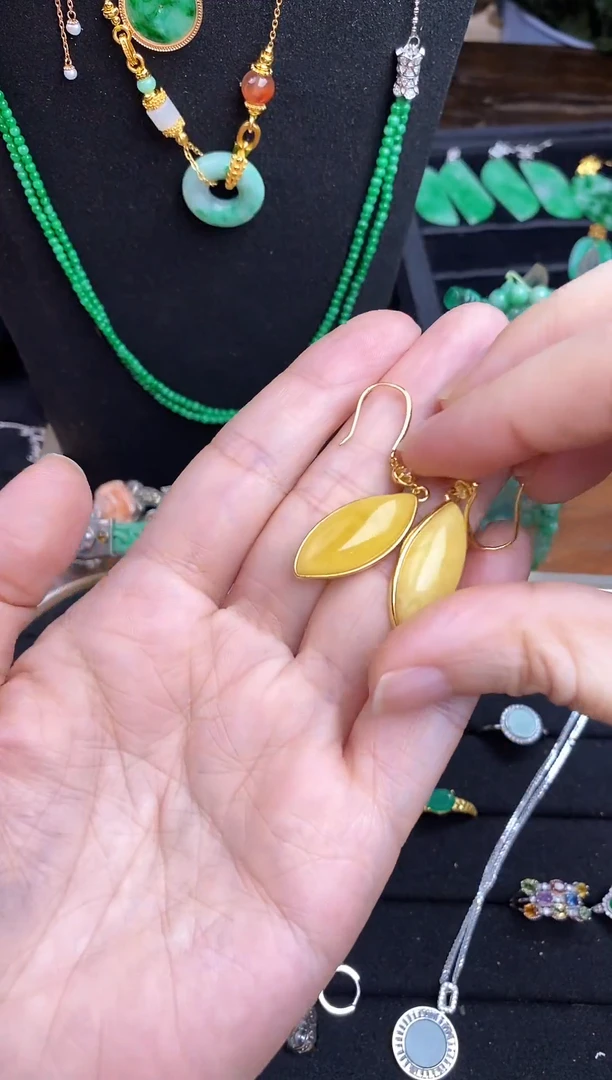 琥珀未镶嵌耳饰蜜蜡耳钉