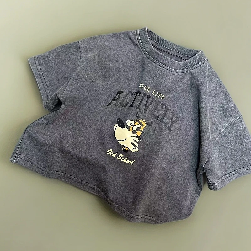 米多多 2025夏季新款男女童百搭洋气做旧灰色短袖T恤10003