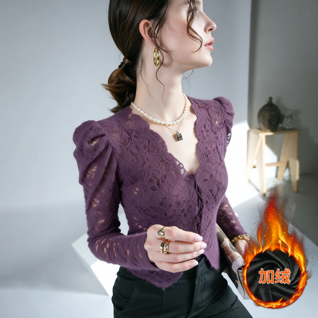 YLY#秋冬新款加厚磨毛V领蕾丝洋气打底小衫女上衣长袖DY-DF524H