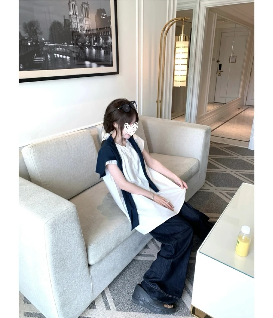 甜美泡泡袖短袖t恤女新款宽松小个子上衣+披肩套装