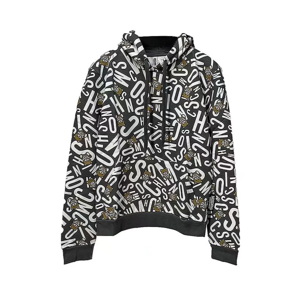 全新未使用  MOSCHINO 全LOGO小熊连帽卫衣 黑白 TP008736