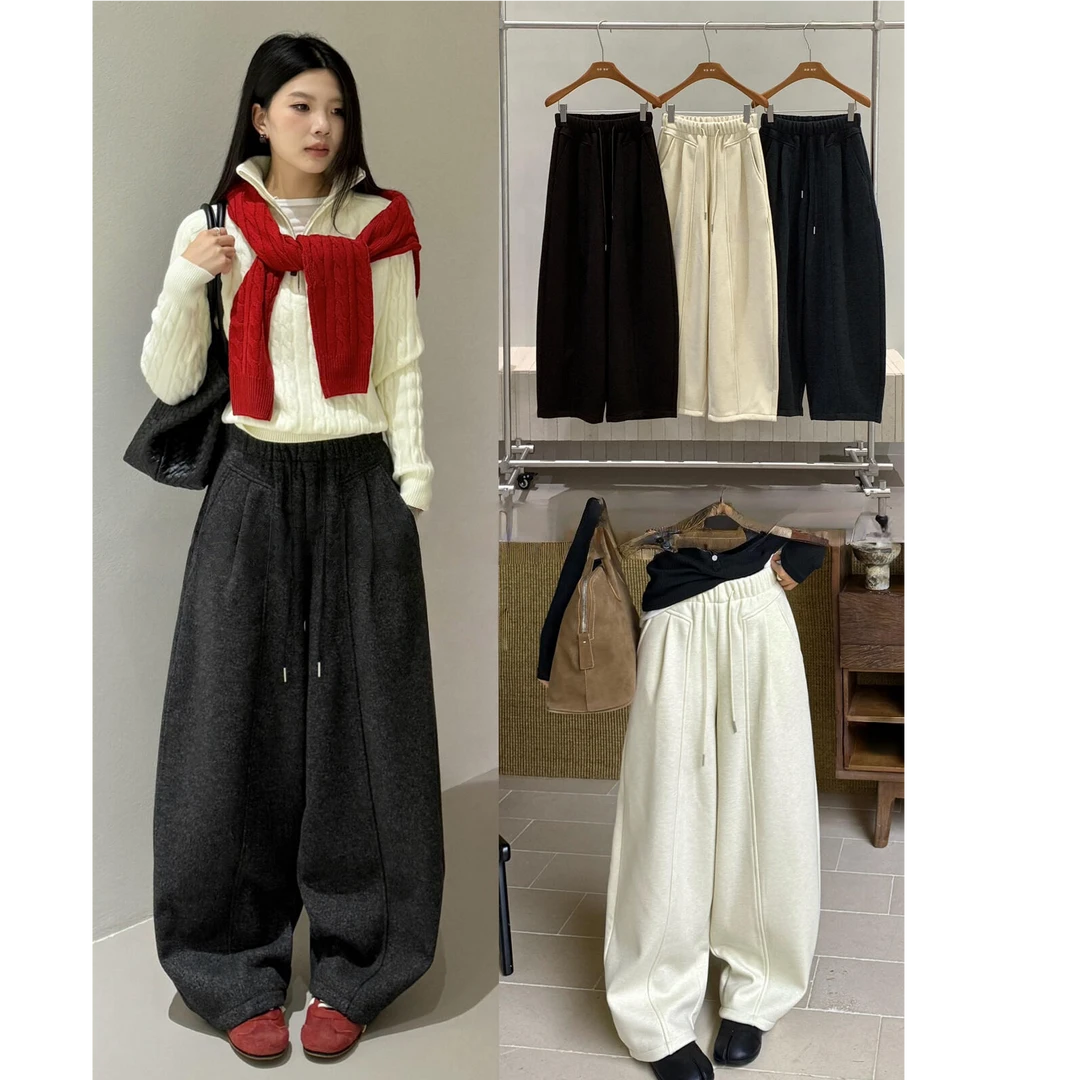 毛呢加绒弯刀裤女冬新款加厚显瘦阔腿裤百搭休闲裤