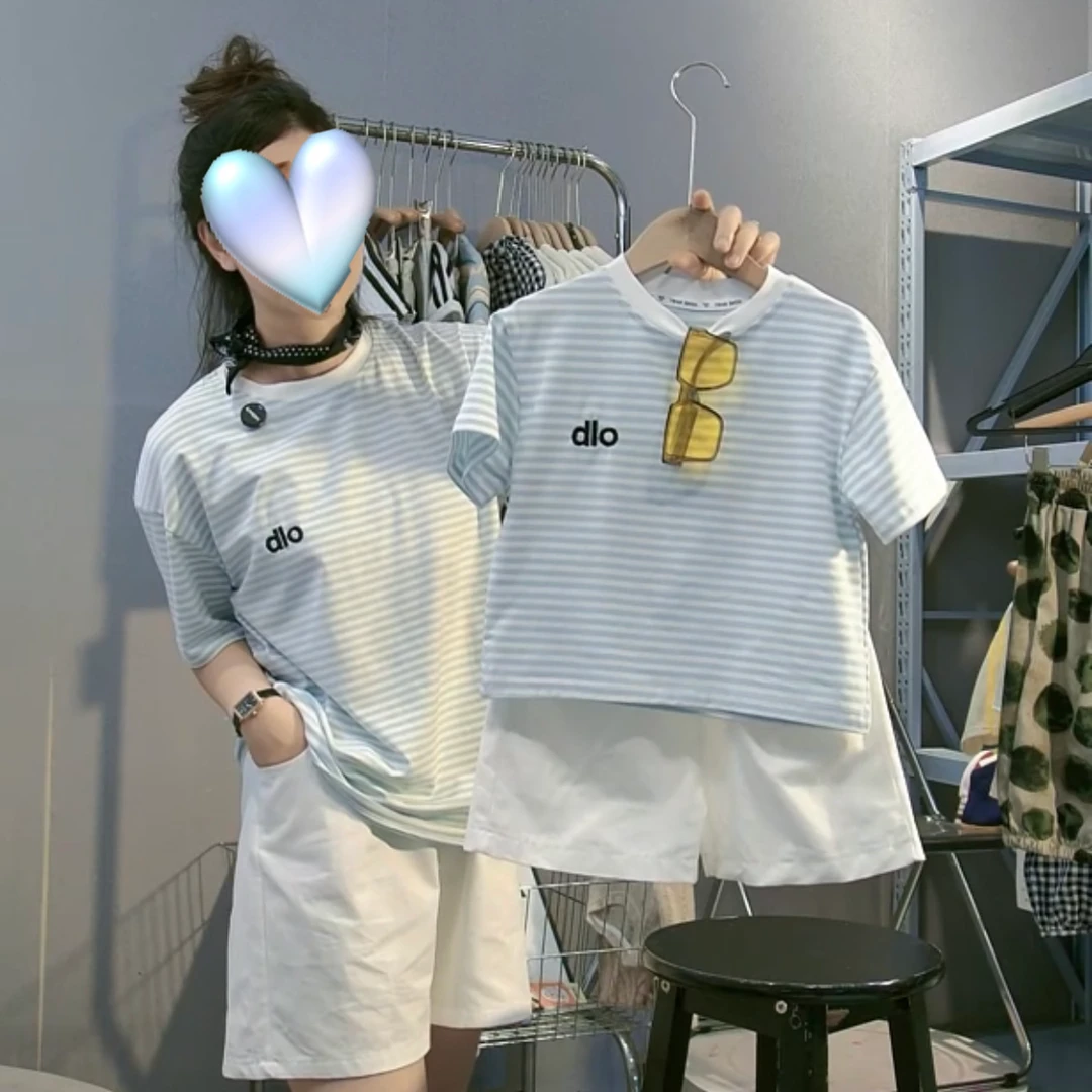 【A类纯棉】儿童男女宝亲子条纹上衣纯色短裤套装潮流两件套夏季