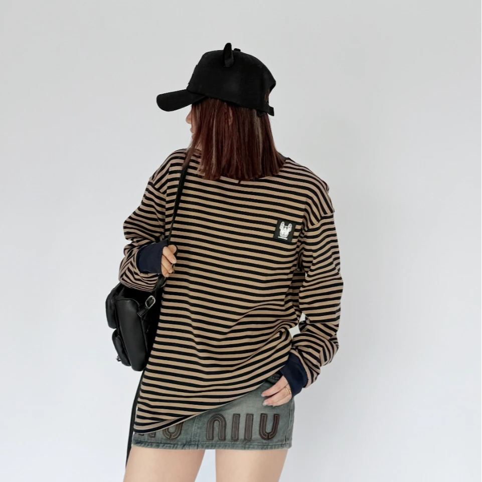 春季「男女同款260克纯棉双纱潮牌条纹洋气T恤衫」LW25113宽松长袖