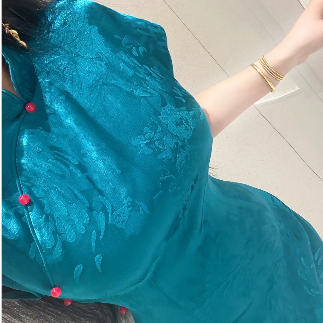 LHMknk1 画报夫人新中式国风旗袍重磅古法改良气质连衣孔雀蓝夫人