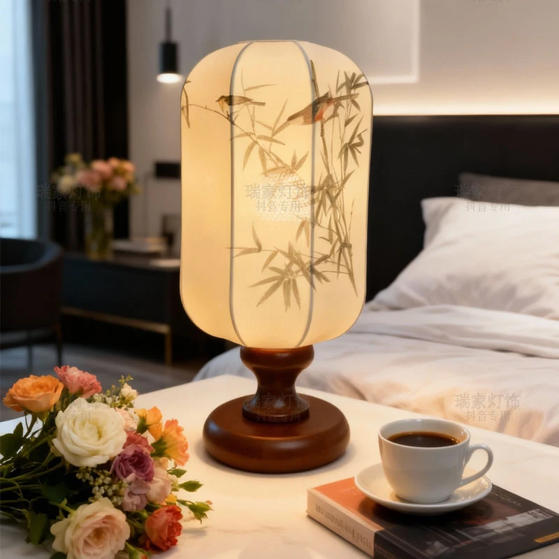 复古实木卧室床头柜台灯新中式木艺绘画中国风茶室禅意台灯氛围灯