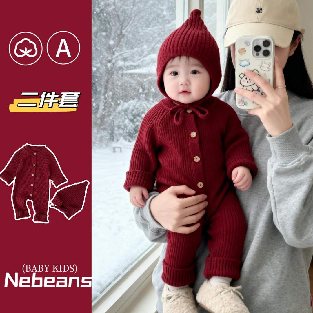 （连身衣+尖尖帽）潮款婴幼儿春秋毛线连身衣 韩版坑条弹力哈衣