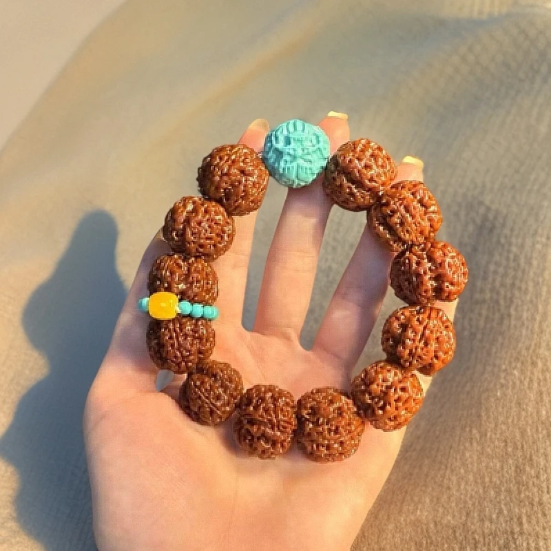 五瓣粗筋爆肉梅花大金刚菩提手串蓝色龙珠文玩蓝环