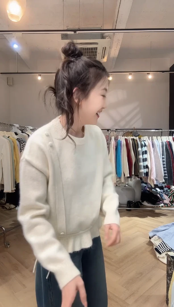 甜杏画布 新款圆领毛衣女宽松系带收腰