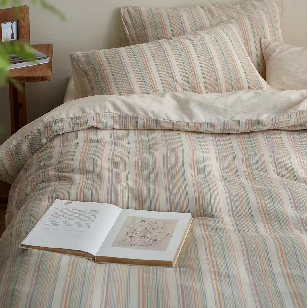 【雅趣】叙白彩条 简约北欧条纹 全棉色织 被套床单超柔裸睡四件套