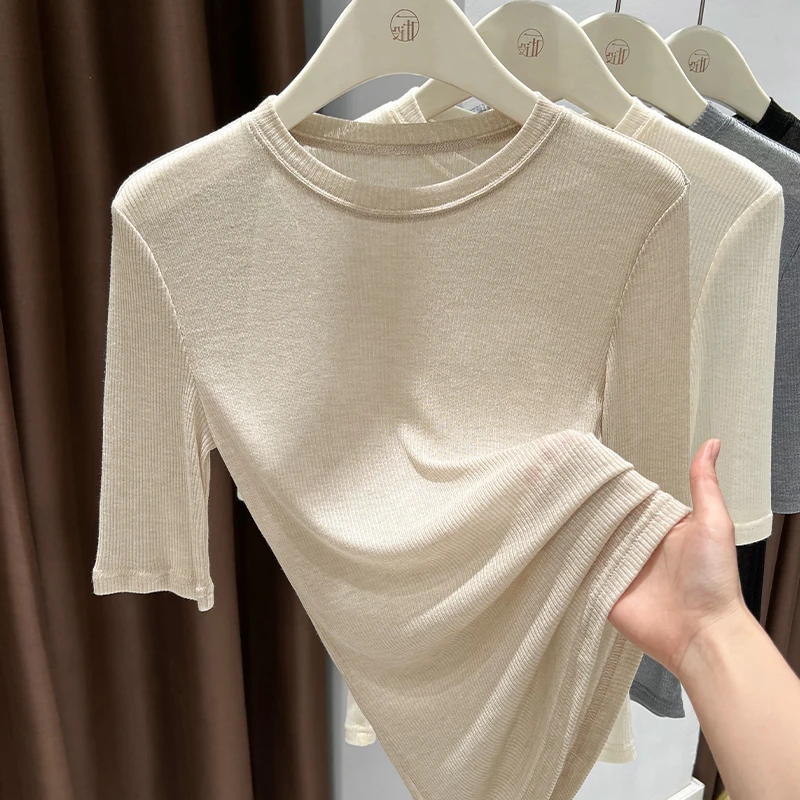 卡其色超薄韩版五分袖上衣女春季2025新款圆领透视T恤打底衫小衫